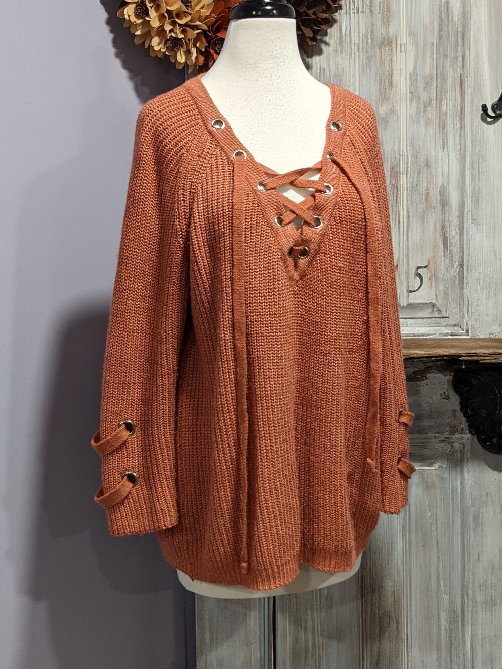 Main Strip Lace-Up Chunky Knit Sweater